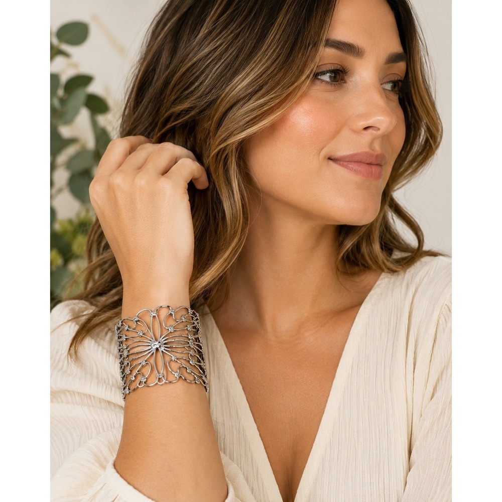 Silver Tone Openwork Floral Cuff Bracelet Wide Filigree Scroll Statement